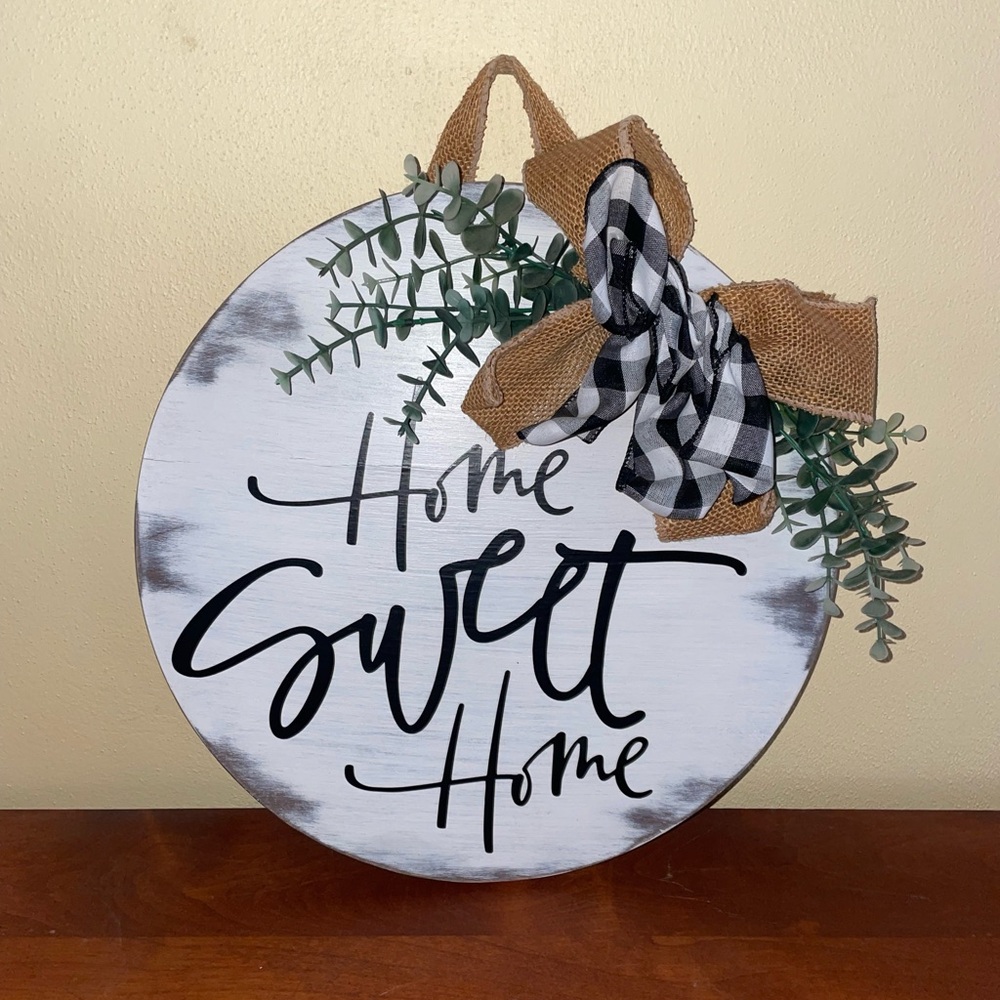 Home Sweet Home Round Wall Sign with Black and White Accents